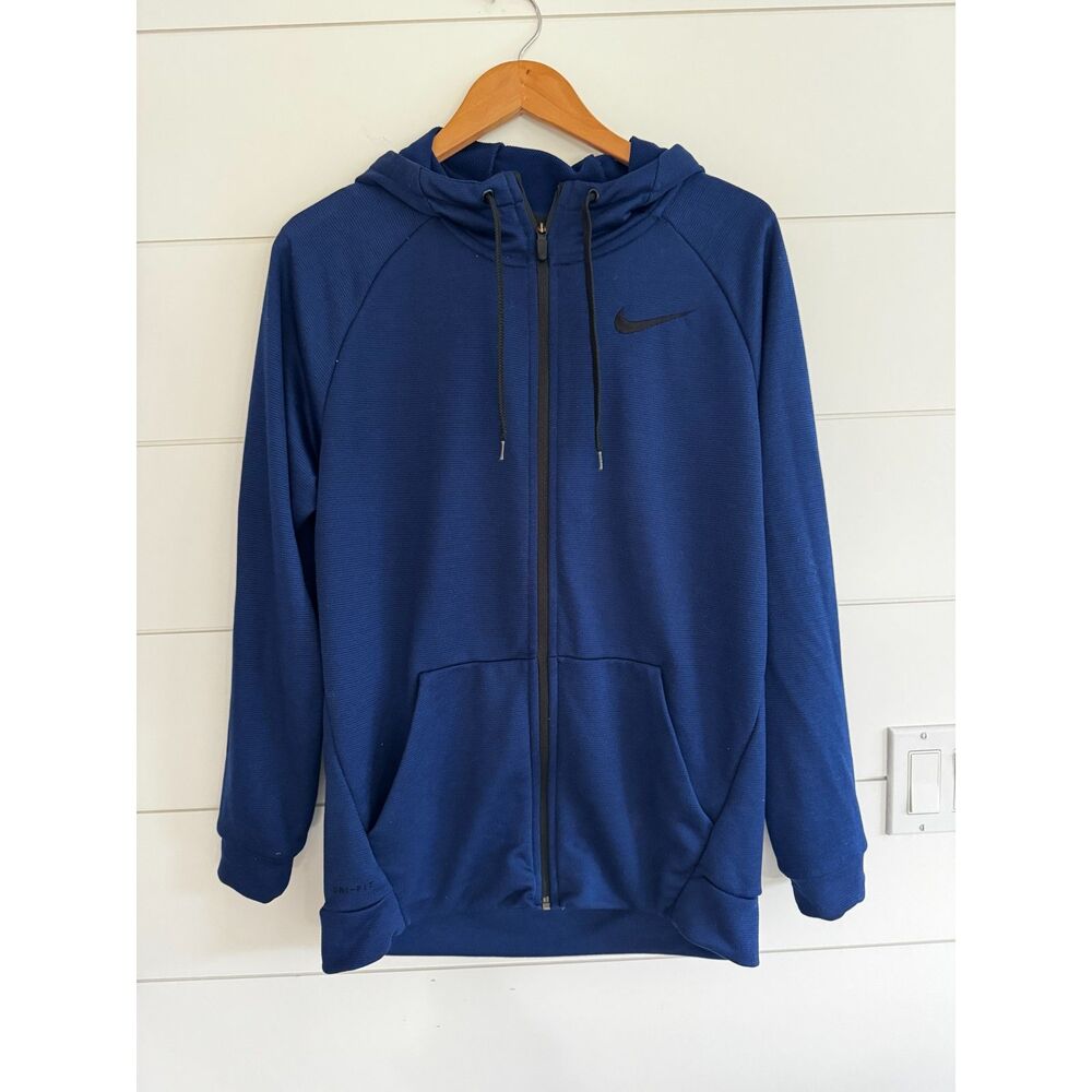 Nike Blue Full Zip Hoodie Mens Medium Black Swoosh Pocket Casual
